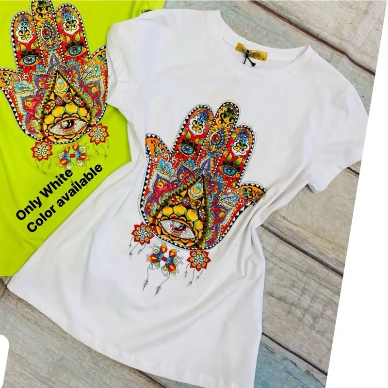 Vinizbena Women's White Rhinestone Cotton T-Shirt - Short Sleeve Top with Colorful Rhinestone Design - Tight Fit Streetwear Tshirt