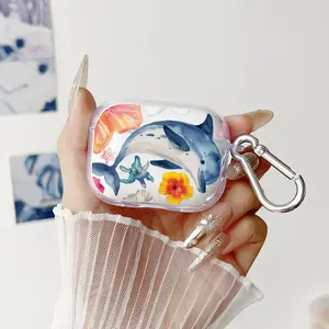 Dolphin in Floral Fantasy Pattern TPU Soft Protective Case for Apple AirPods 4/3/2/1/Pro/Pro2 Transparent Earphone Cover with Keychain Attachment