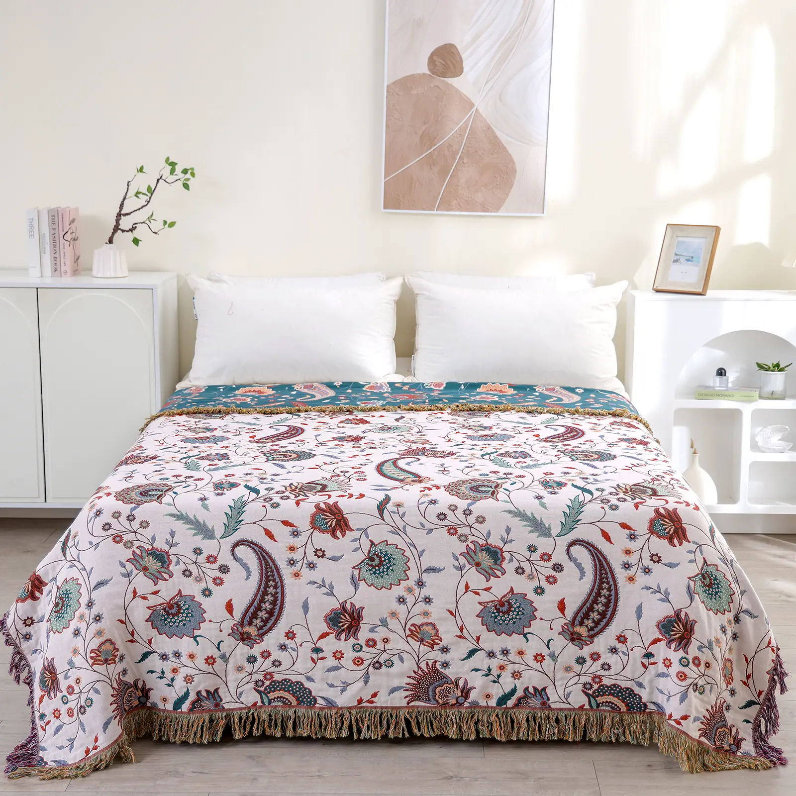 Boho Throw Blanket for Bed,100% Ultra Cotton Soft Breathable Bed Throw Floral Printed Farmhouse Decor Rustic Bed Throws for Couch Sofa Quilt White Flowers