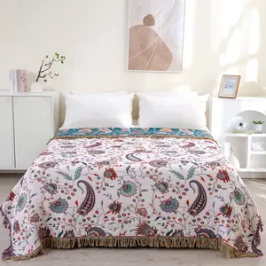 Boho Throw Blanket for Bed,100% Ultra Cotton Soft Breathable Bed Throw Floral Printed Farmhouse Decor Rustic Bed Throws for Couch Sofa Quilt White Flowers