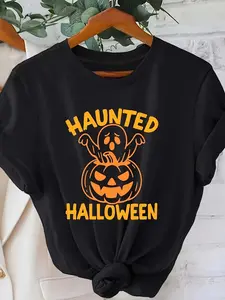 Short-sleeved T-shirt-Halloween, Ghost. Crewneck short sleeve casual T-shirt polyester 95%, spandex 5% knitted fabric regular length, machine washable, seasonal Joker T-shirt