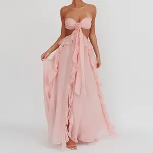 Women's Cutout Ball Gown Sleeveless Tie Back Solid Color Ruffle Long Dress Summer Party Dress