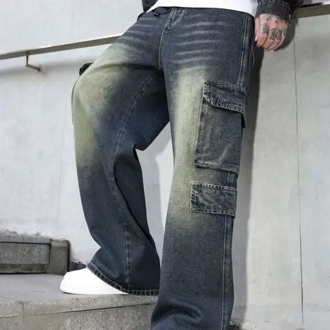 Men's Vintage Gradient Wide Leg Pants, Leisure Denim Trousers, High Street Style, Loose Fit Denim Jeans, Casual Streetwear, Perfect Gift for Husband or Boyfriend