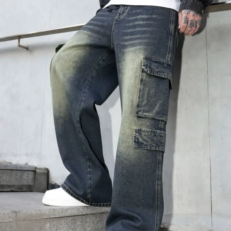Men's Vintage Gradient Wide Leg Pants, Leisure Denim Trousers, High Street Style, Loose Fit Denim Jeans, Casual Streetwear, Perfect Gift for Husband or Boyfriend