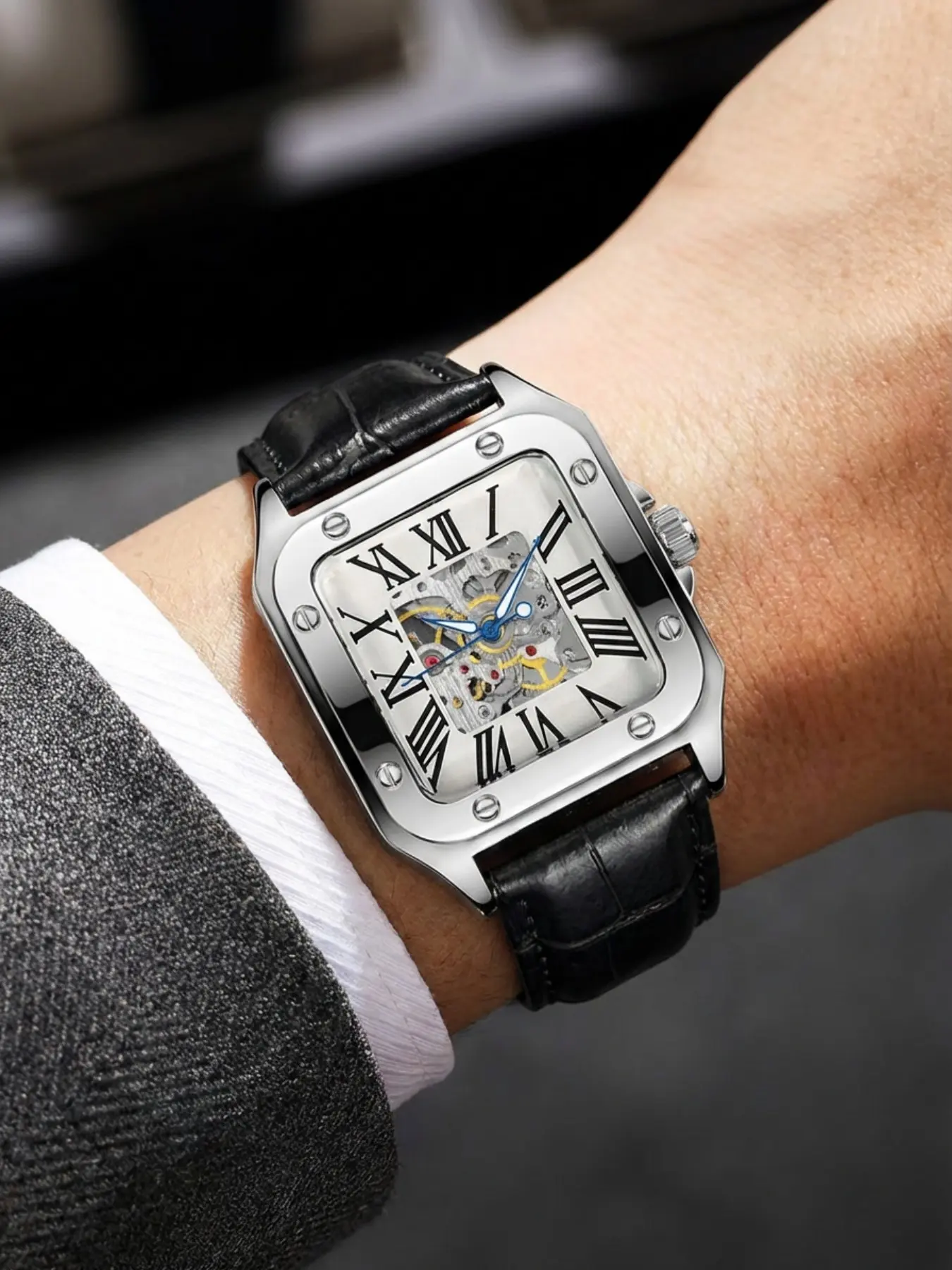 Men's Mechanical Watch Square Shape, Full Transparent Skeleton Movement, Roman Numerals, Leather Strap, Vintage Business Style, Silver Color Case