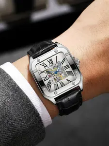 Men's Analog Mechanical Watch Square Shape, Full Transparent Skeleton Movement, Roman Numerals, Leather Strap, Vintage Business Style, Silver Color Case