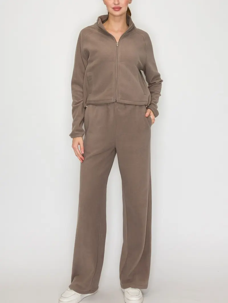 Zip-Up Jacket & Wide Leg Joggers Fleece Set