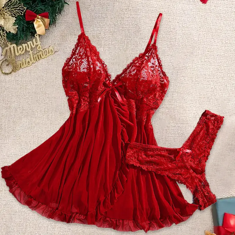 Christmas Two-Piece Lingerie Underwear Set, Sexy Aesthetic Sheer Backless Adjustable Lace Hot Temptation, Women's Floral Spaghetti Strap Lover Sleepwear, Fitted Thin Fabric, All Seasons