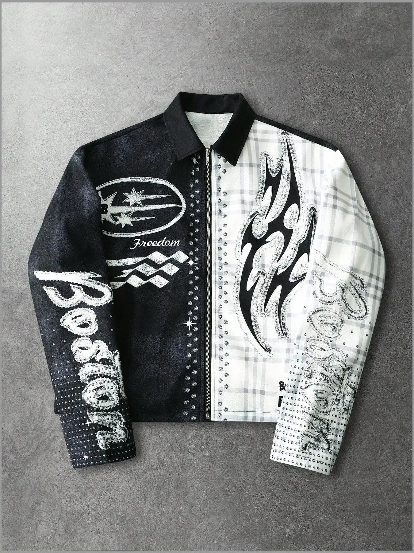 Men's Y2K Retro Racing Jacket with Asymmetric Checkered Sleeves