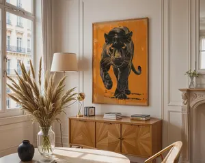 Black Panther Wildlife Print, Modern Orange and Black Living Room Decor