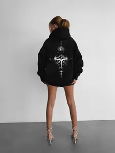 Women's Hooded Compass Mountain Print Sweatshirt, Casual Loose Fit Pocket Top, Fashion Outdoor Daily Wear Street Style