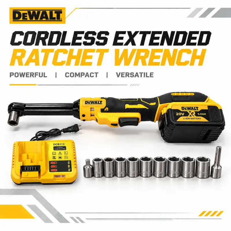 []DEWALT 20V MAX Cordless Extended Reach Ratchet Wrench Kit, Electric Ratchet for Fast Bolt Tightening and Removal, Durable Metal Head, High Torque, Ergonomic Grip, Long Neck Design for Auto Repair, Mechanics and Garage Maintenance