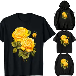 Oversize Acid Wash,Hooded sweatshirtt,Transfer，long-sleeved T-shirt-DIY-Bright and Colorful Flowers: Yellow Roses T-Shirt Garment Linen