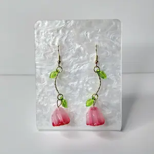 #343 Pink Tulip with Green Leaves Earrings, Casual, Everyday Spring Flower Jewelry, Acrylic, Zinc Alloy