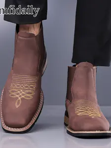 Men's Fall Winter Luxury Textured Large Size Gold Embroidered Chelsea Boots, Retro Casual Style, Sizes 38-48, Comfortable and Stylish Rubber