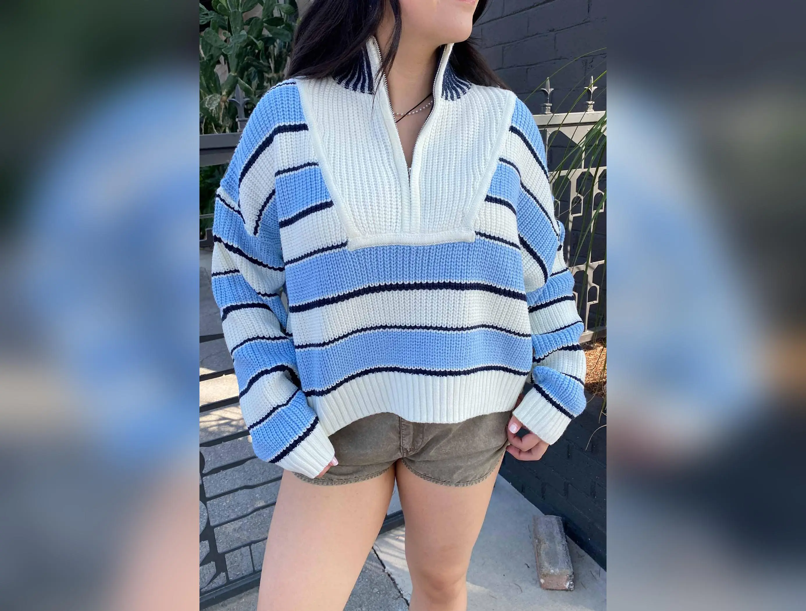 Striped Crochet Zipper Sweater