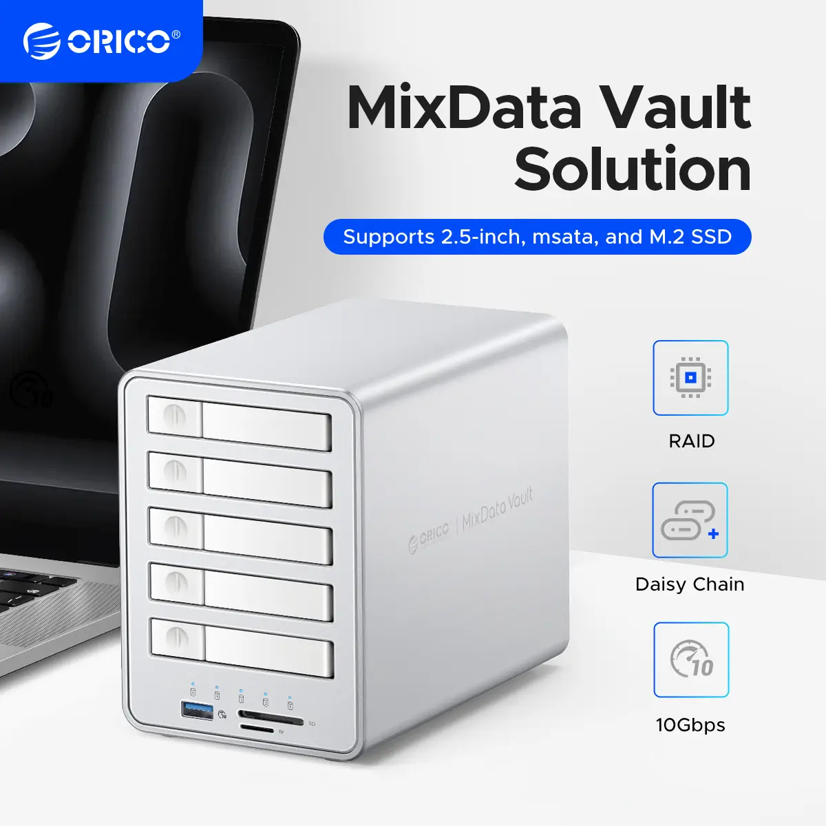 ORICO All-Flash 2.5-inch USB-C Docking Station with 5 Gbps Data Transfer Speed, Compatible with 2.5'' SSD, Featuring 10 Gbps Hub Expansion and Support for Up to 40 TB Storage Capacity, 40Tb, 167*101*140.5Mm, Abs, 5*8Tb