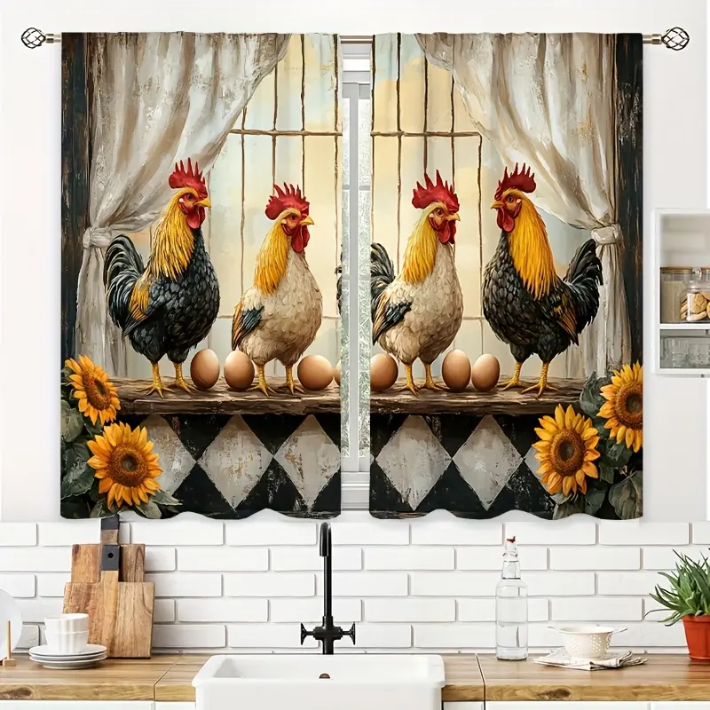 Set of Two Curtains Featuring Three Roosters Perched on Eggs in a Nest, Ideal for Kitchen Decor. These Short Cafe Curtains with Rod Pockets Are Suitable for Bathrooms, Living Rooms, Offices, And Bedrooms, Measuring 39.9X27.5 Inches Foldable Colorful
