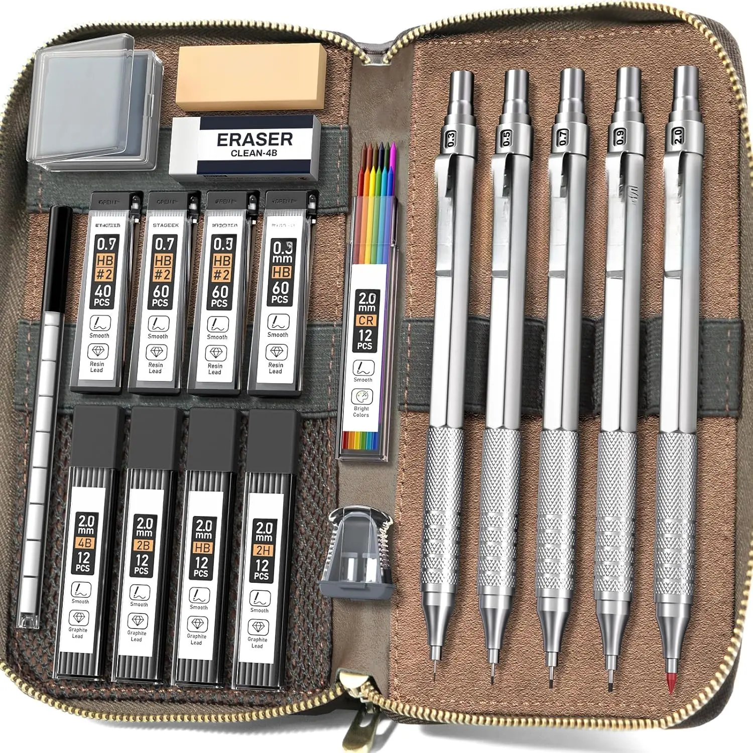 Metal Mechanical Pencil Set in Leather Case, 5 count Art Drafting Pencil 0.3, 0.5, 0.7, 0.9 & 2mm Lead Holder, 9 Tube (4B 2B HB 2H Colors) Lead Refills for Drawing, Sketching, Writing ()