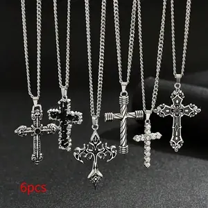 6pcs/Set Men's Stainless Steel Chain Necklace Set Vintage Mixed Style Cross Pendant Artificial Crystal Hip Hop For Daily Wear tiffany and co  set Colorful Mystery Goth Jewelry