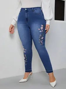 Plus Floral Embroidery Skinny Jeans Boho Style Vacation Music Festival Autumn