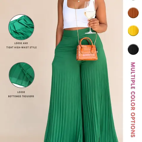 Women's Pocket Pleated Woven Wide Leg Pants, Bohemian Casual High Waist Trousers for Spring & Fall, Women's Bottoms for Daily Vacation Party, Fashion Bottoms