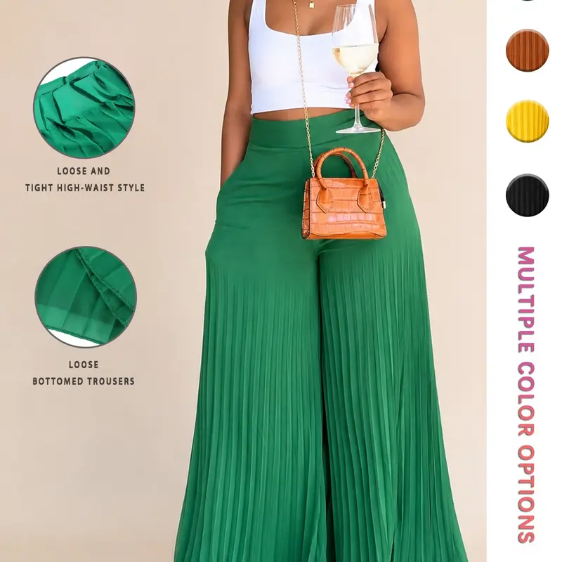 Women's Pocket Pleated Woven Wide Leg Pants, Bohemian Casual High Waist Trousers for Spring & Fall, Women's Bottoms for Daily Vacation Party, Fashion Bottoms