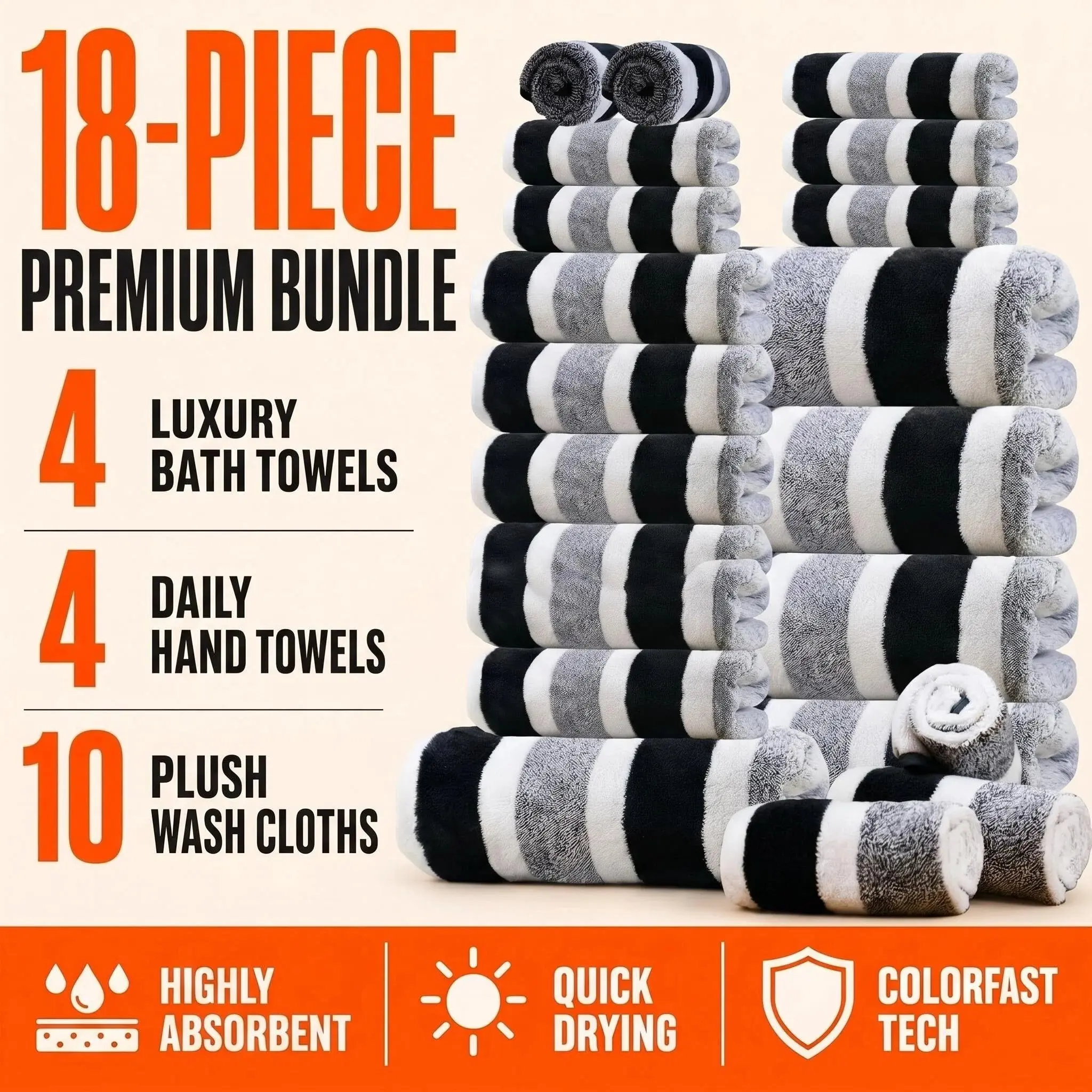 18pcs Luxury Bath Towels Set - Quick-Dry Highly Absorbent Plush Soft Coral Fleece-like Texture, Multi-Size Family Bathroom Towels with Hanging Loops (30x30cm, 70x140cm) for Home, Hotel & Spa - Navy & Striped Design, Durable & Space-Saving Storage