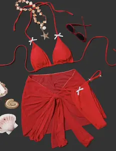 Red 3 Piece Beach Skirt Set for Women | Sexy Vacation Outfit | Bikini Cover Up Set