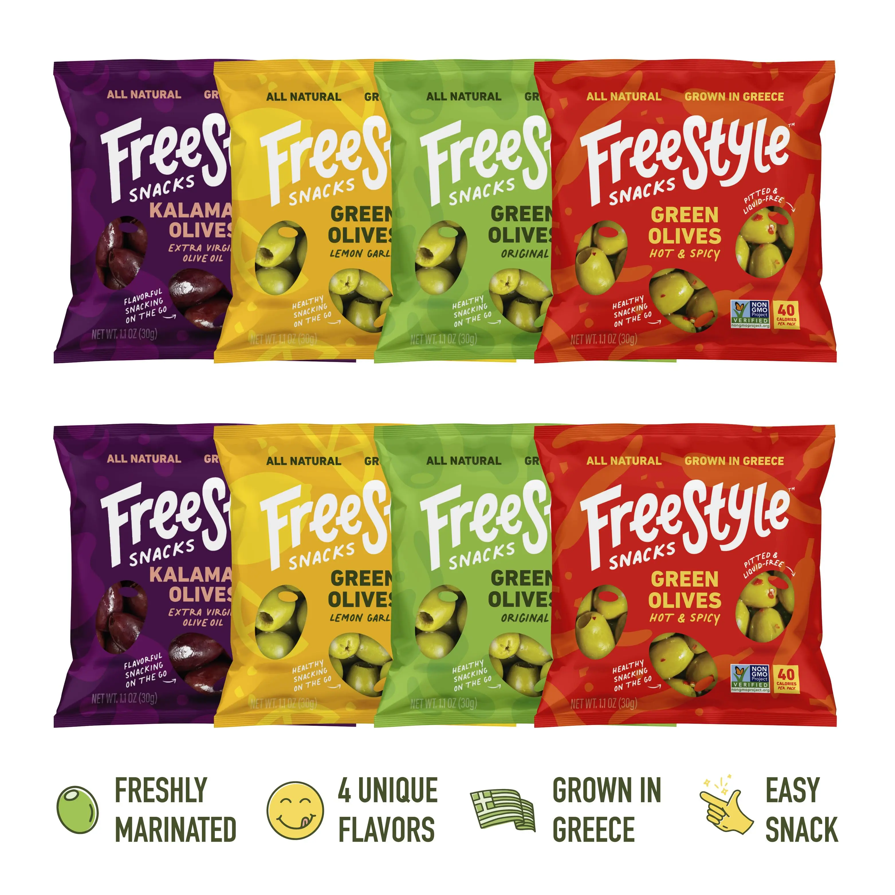 Variety Pack - 8 Bags - 1.1oz 2 of Each Flavor Natural Olive Snack