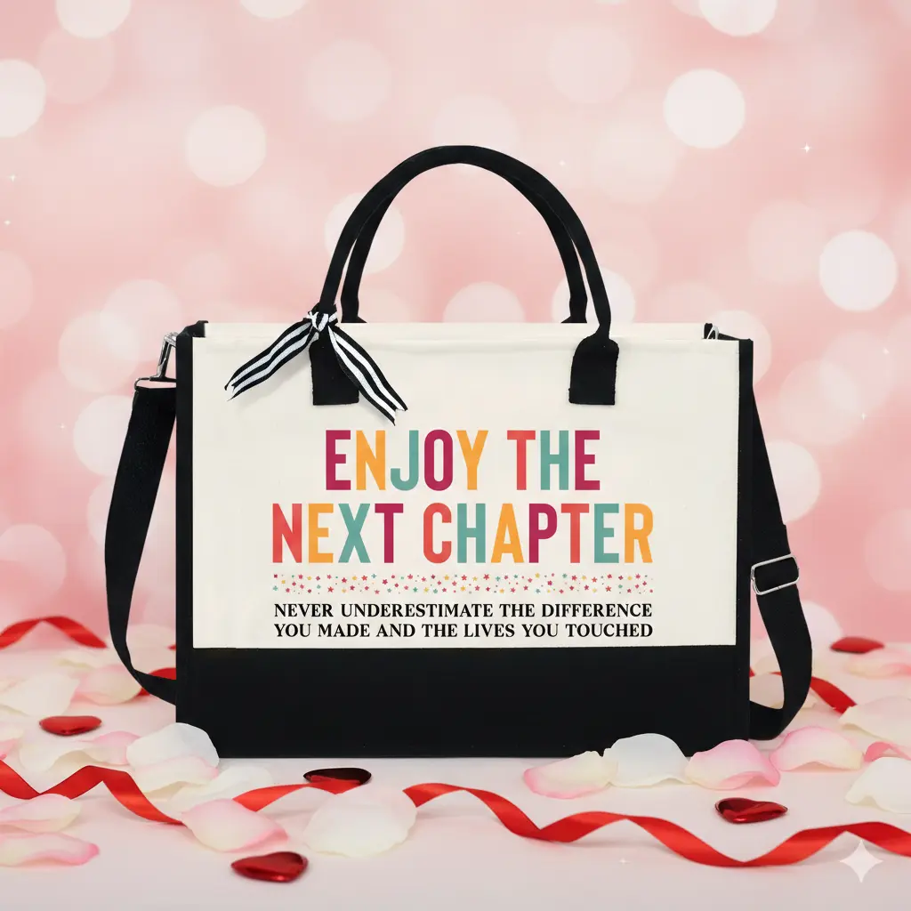 Enjoy The Next Chapter Tote Bag - Christmas, Graduation, Retirement Gifts For Women, Canvas Tote Bag with Zipper