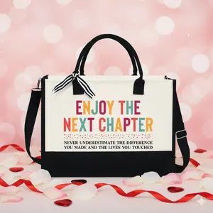 Enjoy The Next Chapter Tote Bag - Christmas, Graduation, Retirement Gifts For Women, Canvas Tote Bag with Zipper