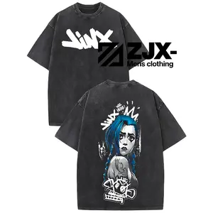 Arcane Jinx Vintage Washed Oversized Streetwear Graphic T-Shirt Jinx Arcane Graffiti Style Retro Washed Oversized Aesthetic Tee