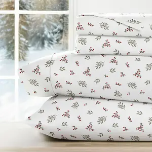 Christmas Holiday Soft Comfy 4 Piece Bed Sheet Set, Winter Prints - Becky Cameron, Winter Berries White, King