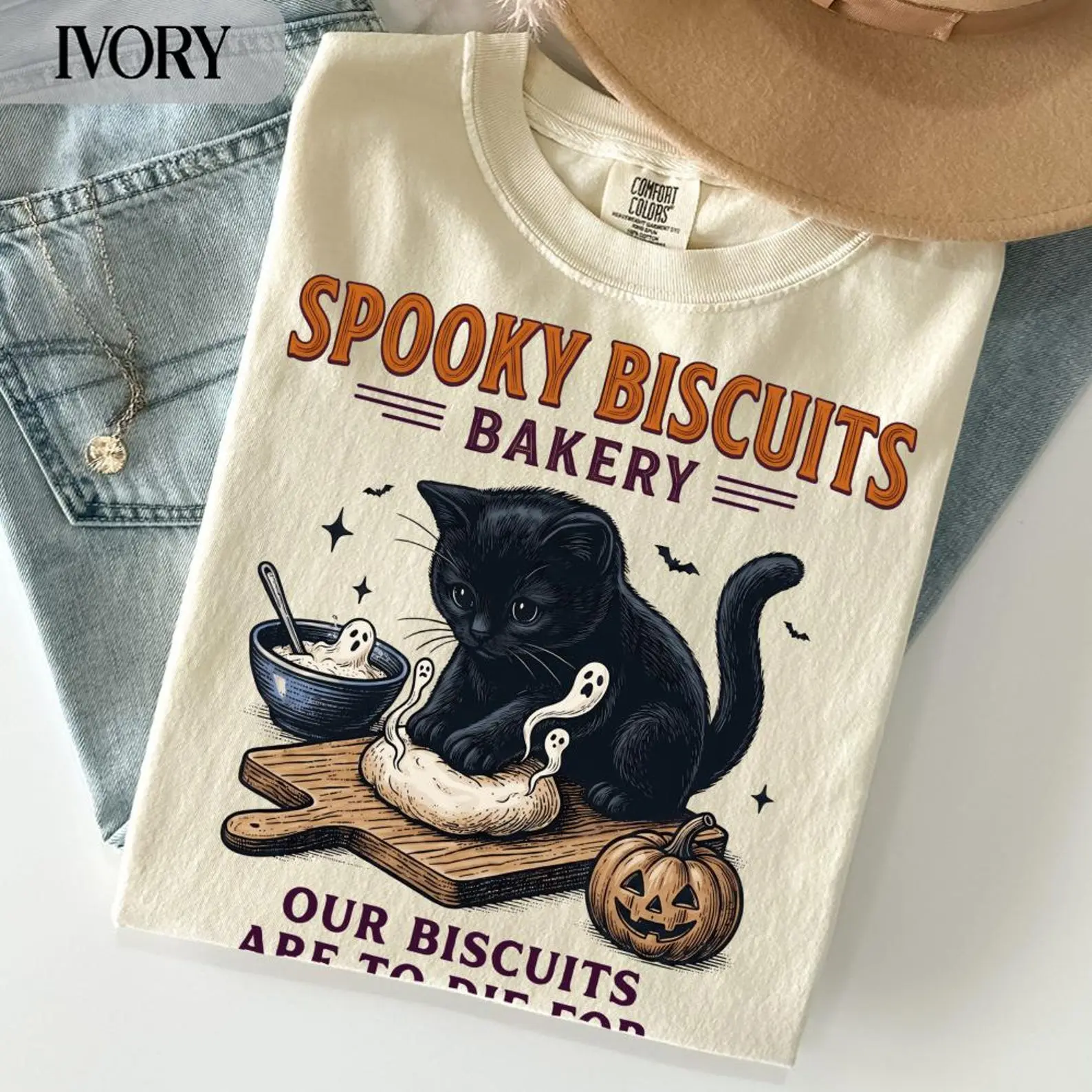Spooky Kitty Biscuits Bakery Halloween Comfort Colors T-Shirt, Black Cat Fall Baker Shirt