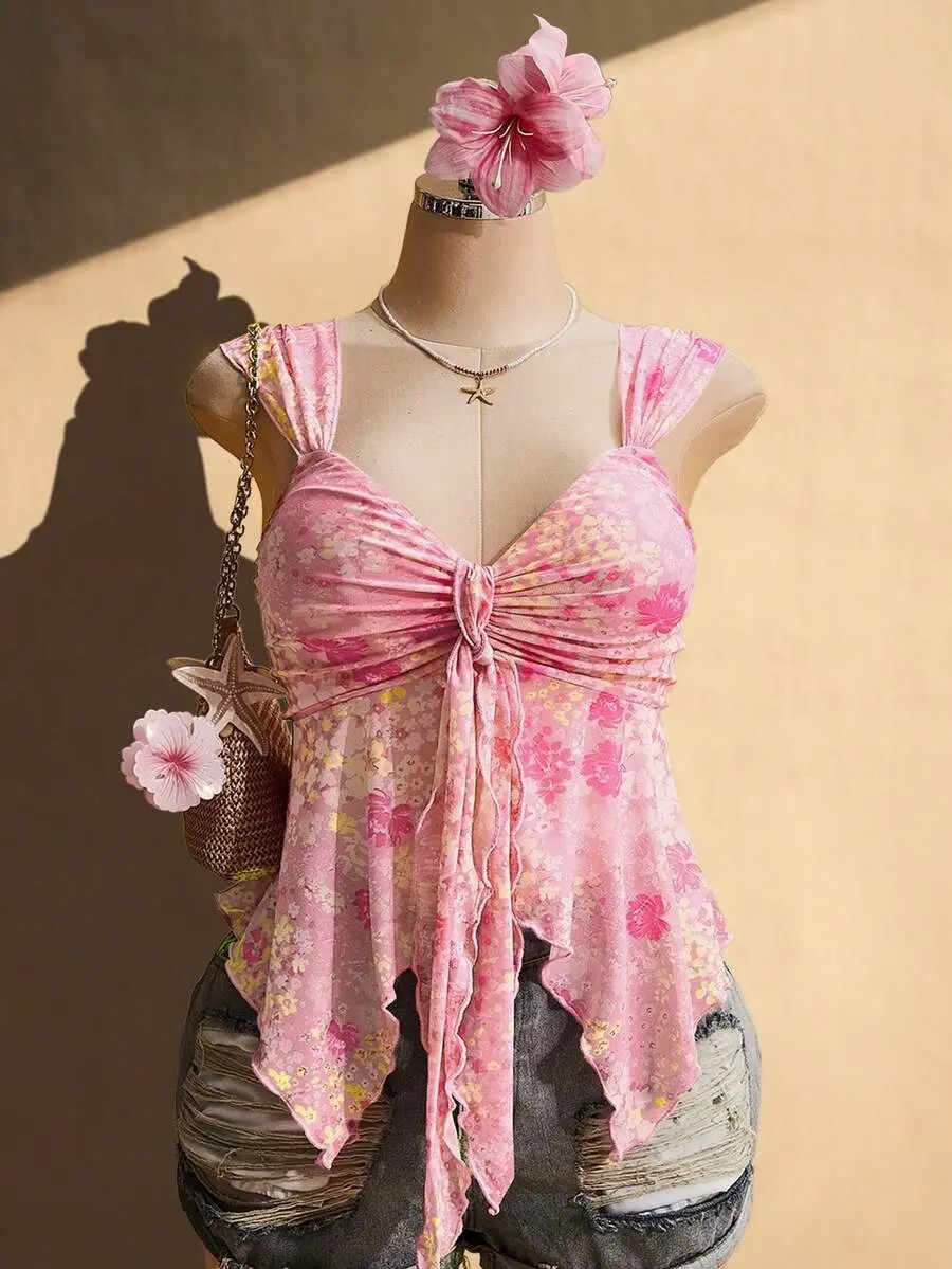 Floral Summer Boho Beach Holiday Retro Y2K Sweetheart Neckline Gathered Tie-Up Chest Asymmetric Hem Pink Mesh Camisole Top