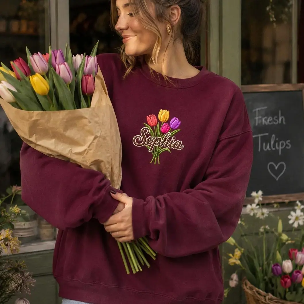 Personalized Tulip Embroidered T-Shirt | Custom Name Birth Flower Shirt | Botanical Floral Embroidered Tee | Wildflower Gift | Birthday Gift for Her