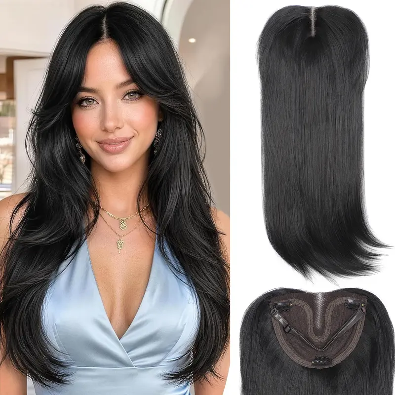 Female Clip-in Bangs Hair Topper, 3D 360° Coverage Synthetic Fluffy Piece for Thinning Hair