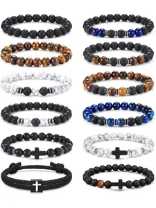 12PCS Beaded Bracelets for Men 8MM Tigers Eye Bracelet Natural Stone Crystal Bead Cross Bracelet Adjustable Stretch Christian Bracelets Jewelry Gifts