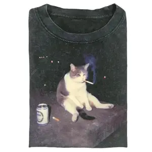 Cat smoke Funny Animal Graphic Tee, Menswear Womenswear Streetwear Cotton Comfort Cool Smoking Cat Distressed Graphic T-Shirt Vintage Edgy Cat Meme Oversized Tee Rebel Cat Graphic Distressed Tee