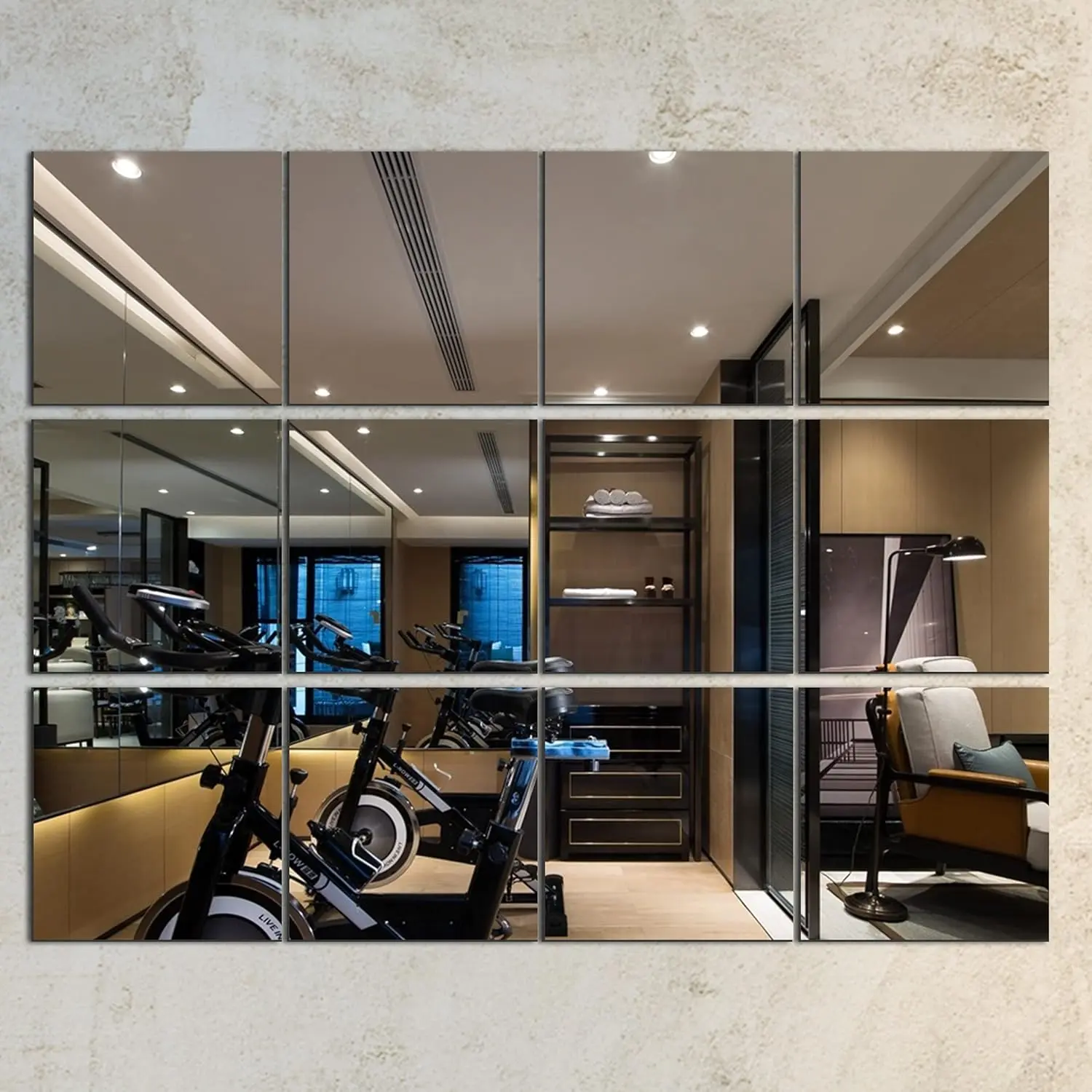 12PCS 12"x12" Home Gym Mirror Wall-Mounted Glass Full Length Tiles Door Wall Body Frameless for Dance Garage Yoga