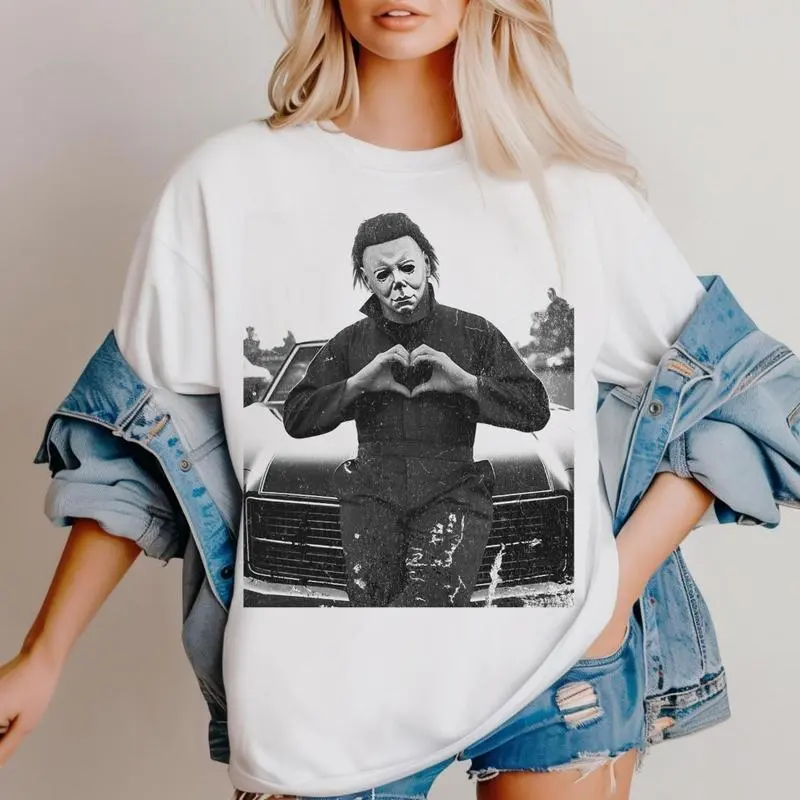 Men's Round Neck Half-Sleeve Printed Distressed Michael Myers Heart Hands Halloween Tshirt Tee - Ultra-Soft Fitted Cotton Fabric, Horror Casual Streetwear, Menswear, Direct Factory Support, Free Stickers, COD Available, Tropical Theme