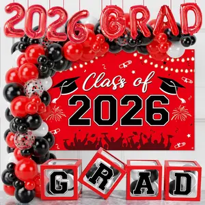 2026 Graduation Party Decorations Kit, 123pcs Red Black Balloon Boxes with Letters, Balloon Arch & Backdrop for Class of 2026 Grad Decor Festive Home Supplies & Party Gifts