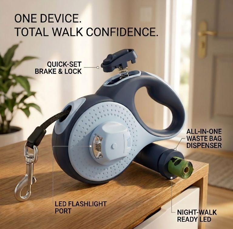 Luma All-in-One Night Leash  Built-in LED Flashlight & Bag Dispenser - Heavy Duty Retractable, No Tangle Leash for Small & Medium Dogs