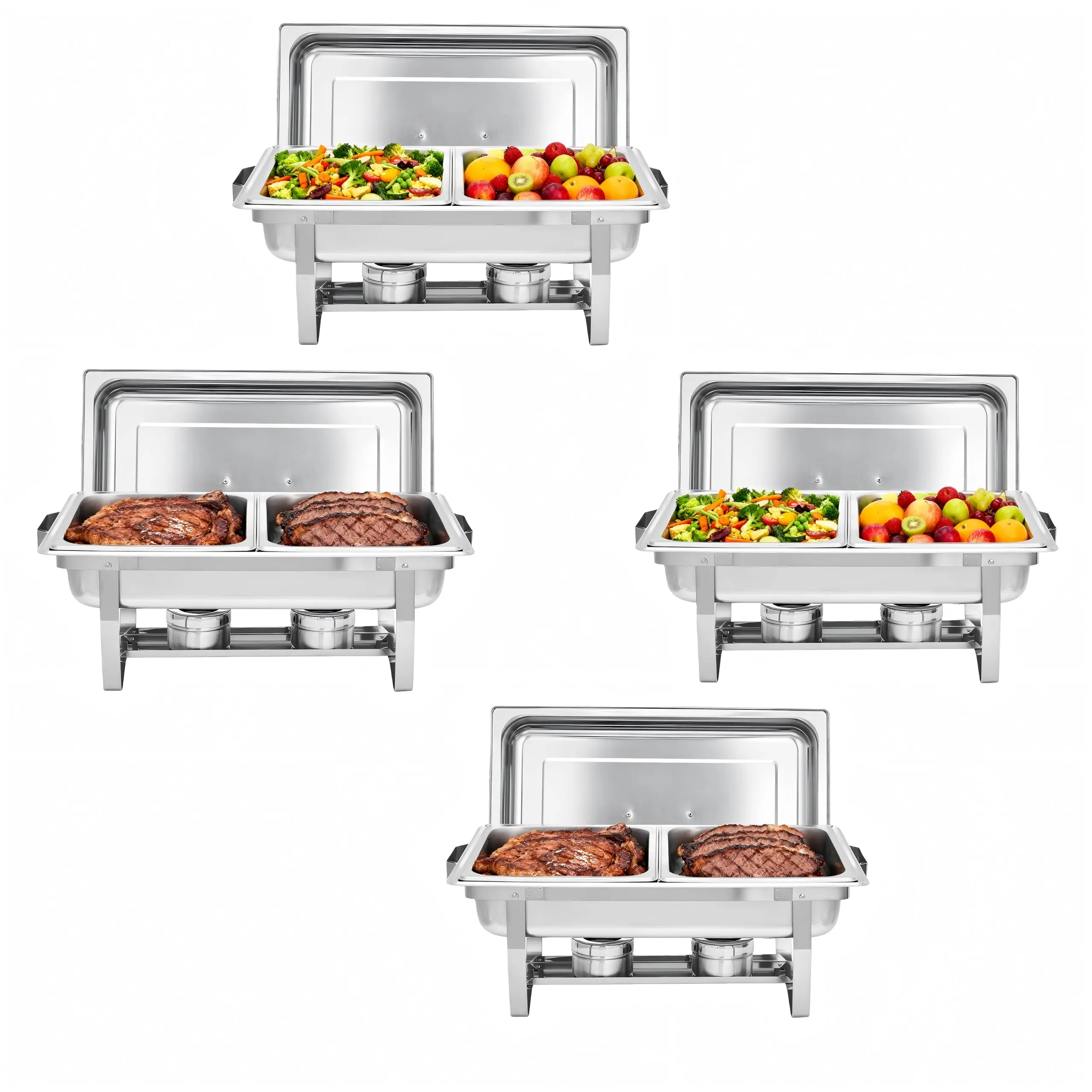 2/4-Pack Double Compartment Stainless Steel Chafing Dish with Handles, Heat-Retentive Stackable Buffet Food Warmer, Full Size Pan, Fuel Holder, Easy to Clean for Buffet, Catering