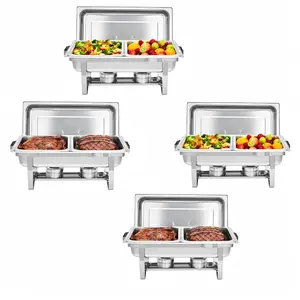 2/4 Pack Double Compartment Stainless Steel Chafing Dish, Stackable Buffet Food Warmer with Full Size Pan & Fuel Holder, Easy to Clean for Buffet, Wedding, Restaurant & Catering