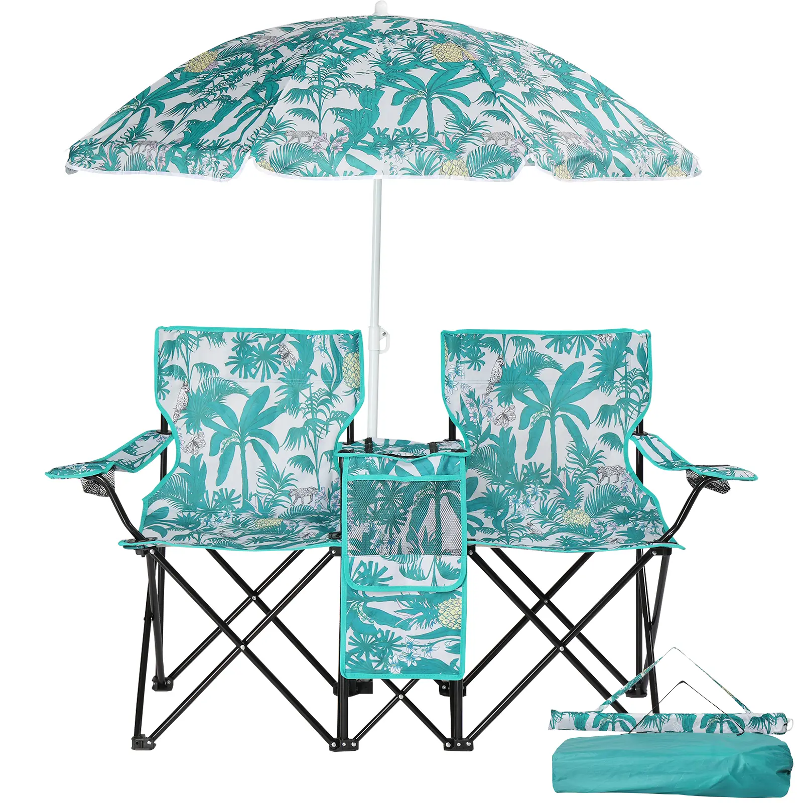2-Seat Folding Fishing Chair with Detachable Sun Umbrella, Pineapple Print Oxford Fabric Steel Frame 59×19.6×31IN Outdoor Chair Supports 85KG, Sun Protection, Outdoor Chairs