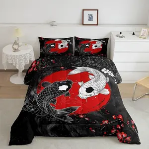 Japanese Koi Fish Comforter Set for Kids,Teens - Cherry Blossoms,Red Sun,Wave Home Decor Bedding Set - Ukiyoe Theme Duvet Set for Boys Girls