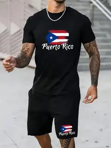 Men's Puerto Rico Flag Print Short Sleeve Tee & Pocket Drawstring Waist Shorts Two-Piece Set, Regular Fit Casual Round Neck T-Shirt & Track Shorts, Summer Men Clothes Set for Outdoor