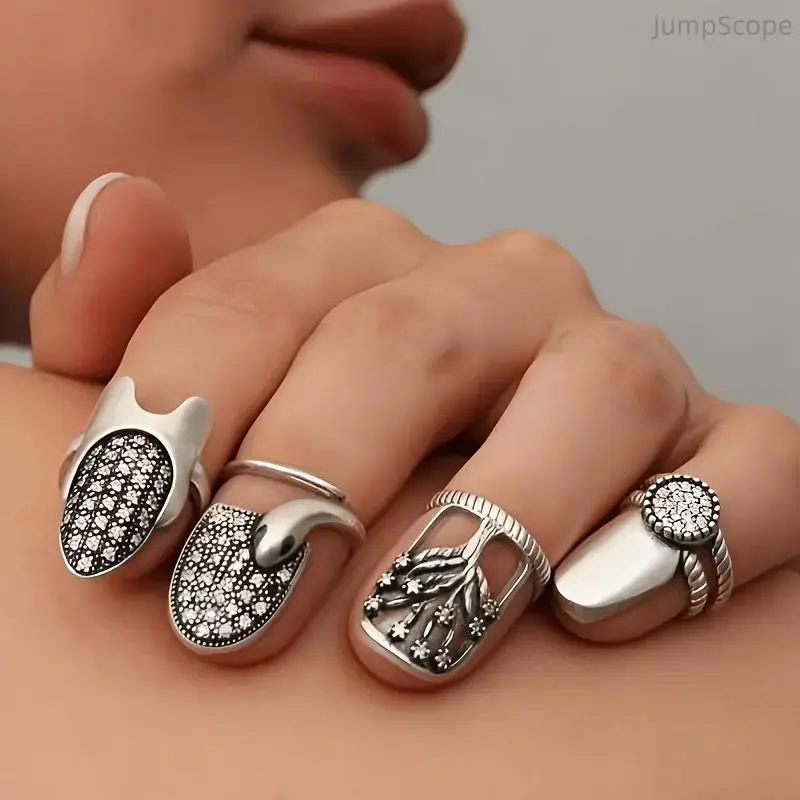 Women's Nail Ring Set, 4-Piece Bohemian Vintage Fingertip Jewelry, Lightweight Beautiful Rings for Everyday & Party Wear - Fits All Finger Sizes, Adjustable Rings